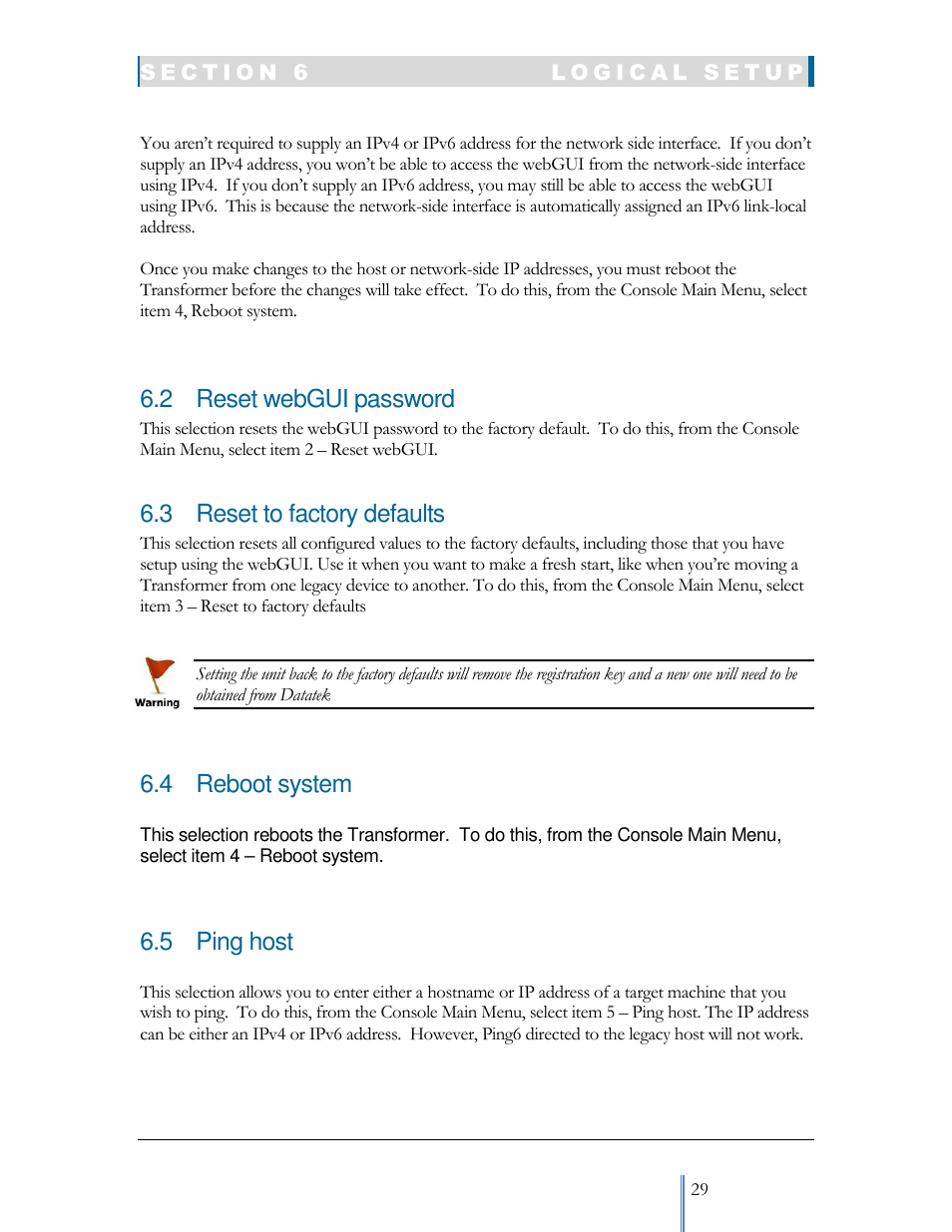 2 reset webgui password, 3 reset to factory defaults, 4 reboot system | 5 ping host | Datatek IPv6 Transformer User Manual User Manual | Page 29 / 92