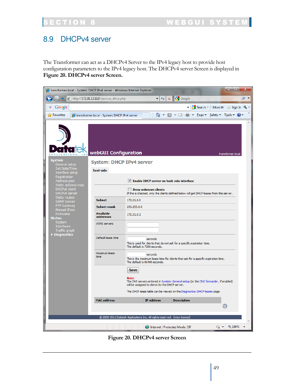 9 dhcpv4 server | Datatek IPv6 Transformer User Manual User Manual | Page 49 / 92