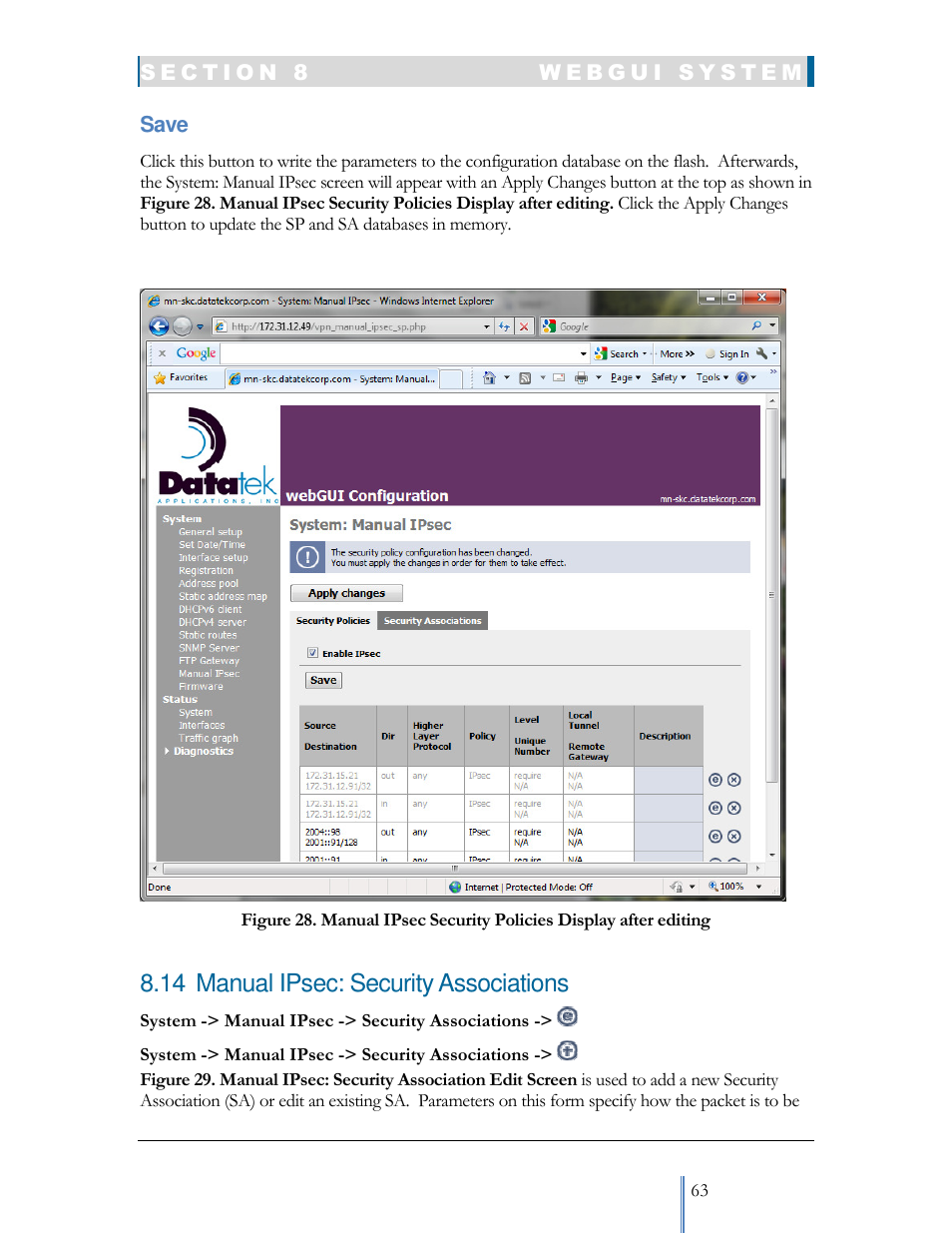 14 manual ipsec: security associations | Datatek IPv6 Transformer User Manual User Manual | Page 63 / 92