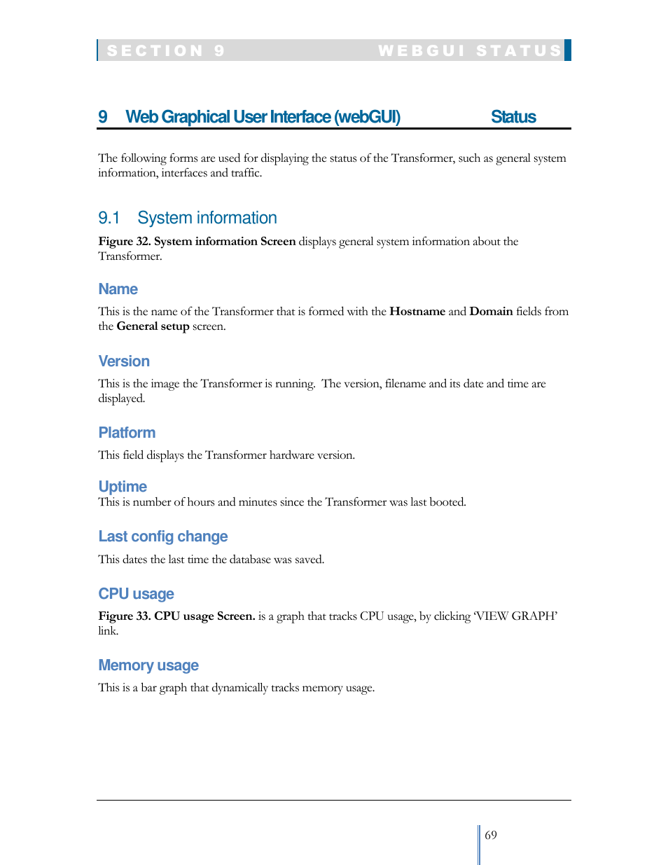 9 web graphical user interface (webgui) status, 1 system information | Datatek IPv6 Transformer User Manual User Manual | Page 69 / 92