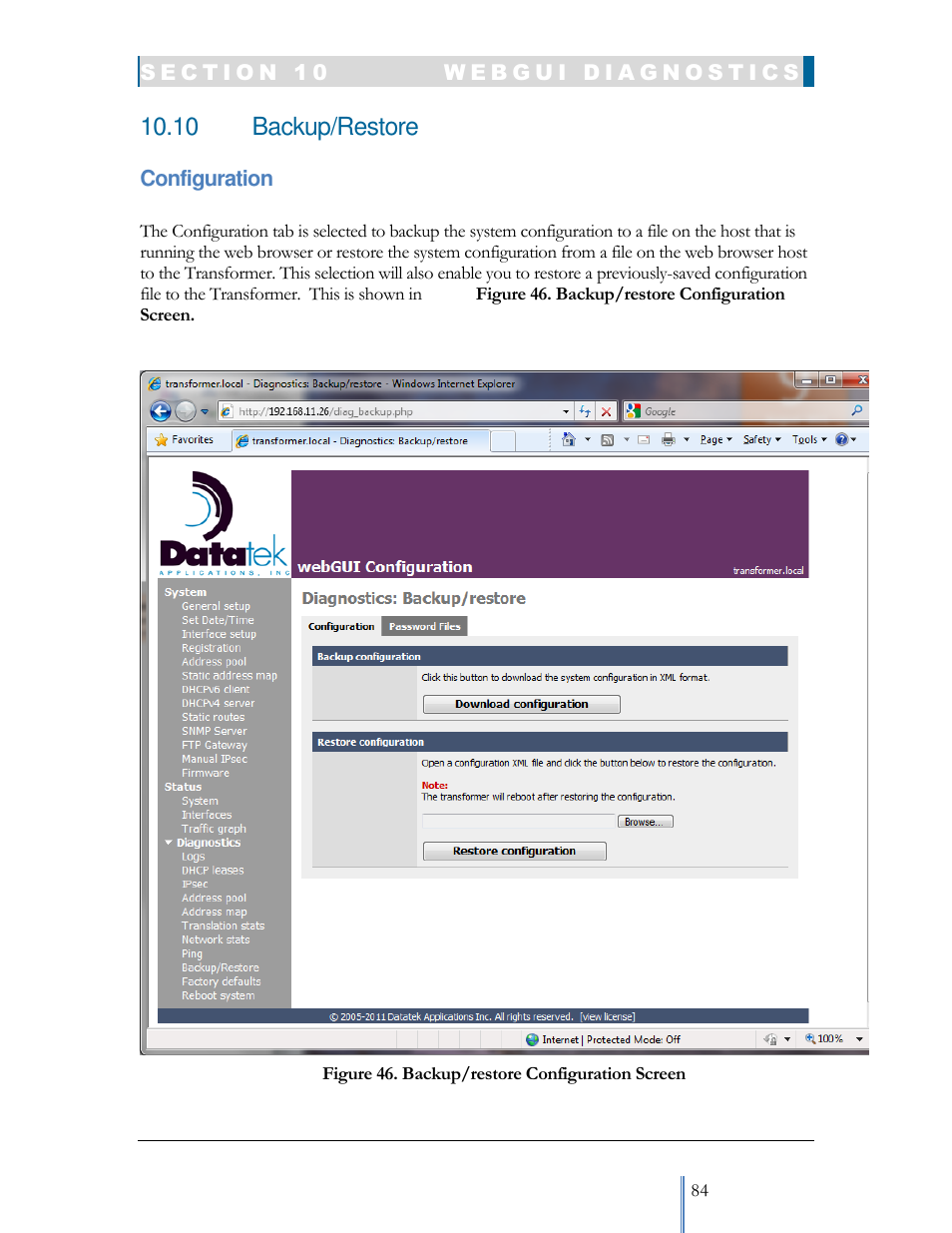 10 backup/restore | Datatek IPv6 Transformer User Manual User Manual | Page 84 / 92