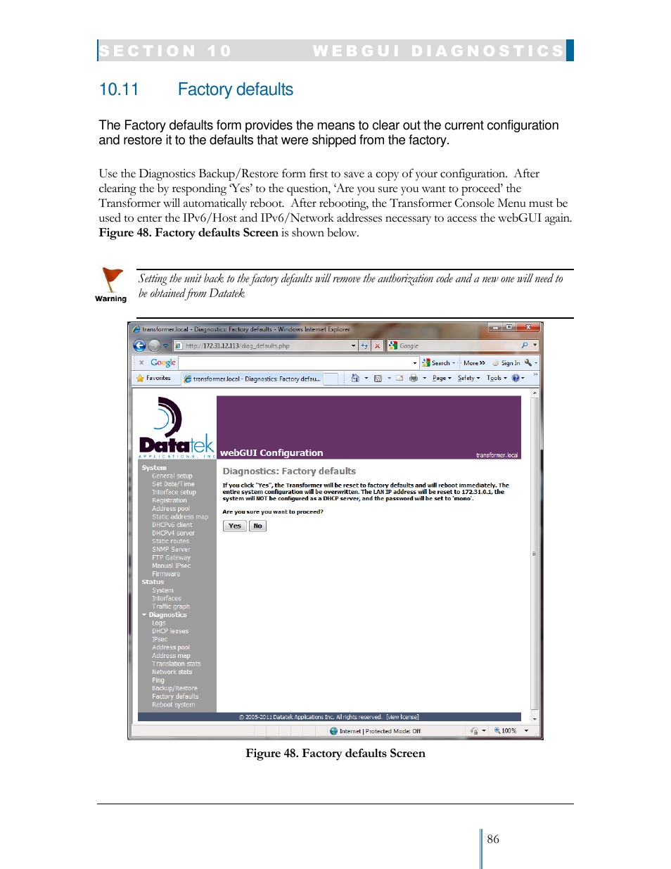 11 factory defaults | Datatek IPv6 Transformer User Manual User Manual | Page 86 / 92