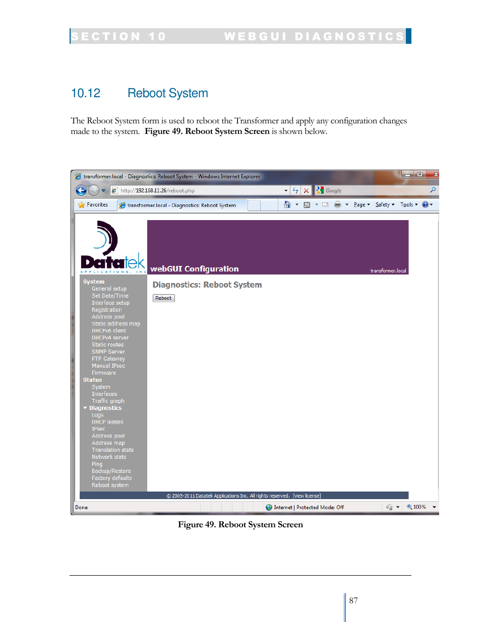 12 reboot system | Datatek IPv6 Transformer User Manual User Manual | Page 87 / 92