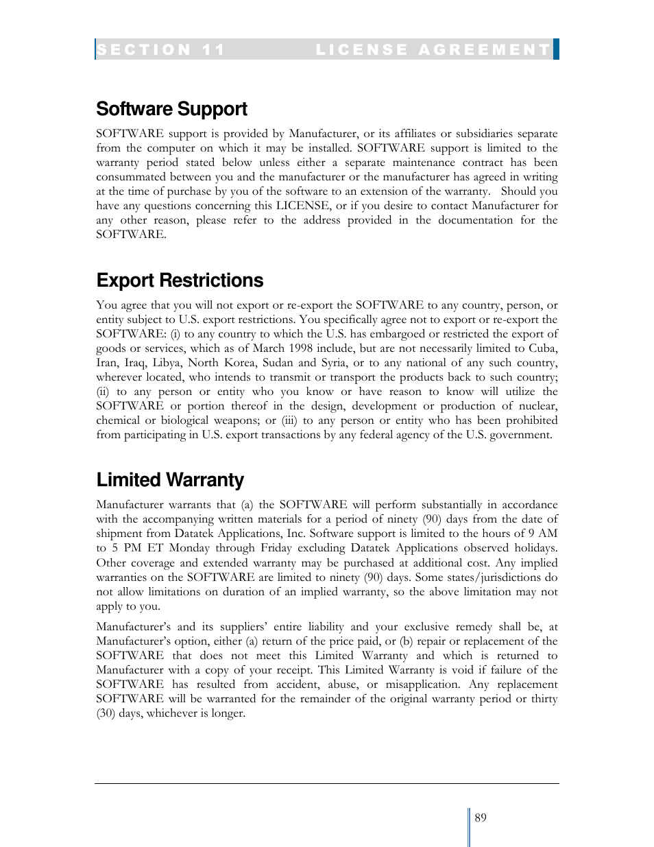 Software support, Export restrictions, Limited warranty | Datatek IPv6 Transformer User Manual User Manual | Page 89 / 92