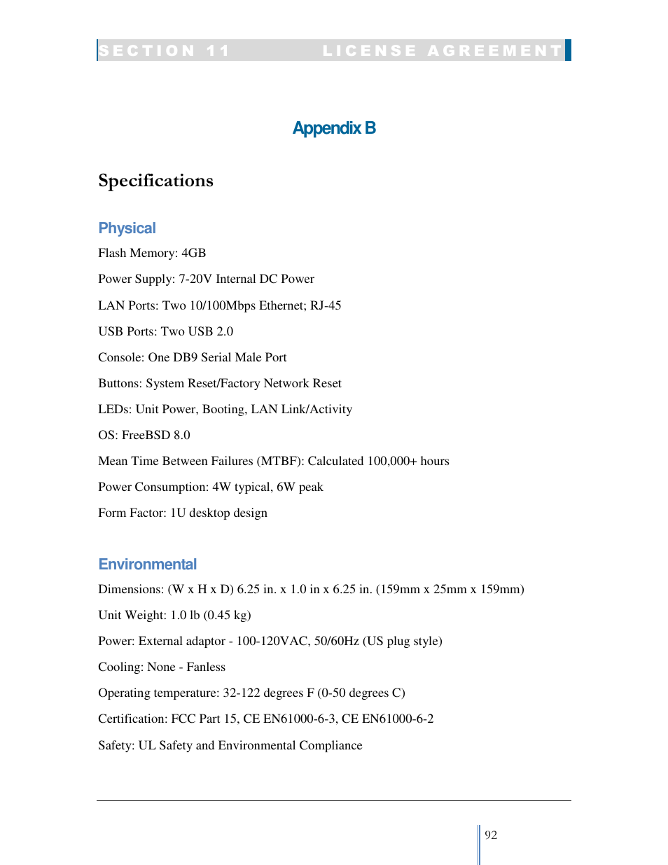 Specifications, Appendix b | Datatek IPv6 Transformer User Manual User Manual | Page 92 / 92