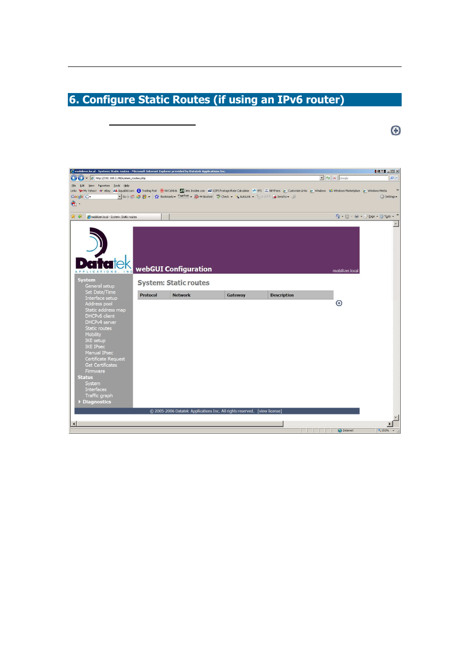 Configure static routes (if using an ipv6 router) | Datatek IPv6 Transformer Quick Start Guide User Manual | Page 10 / 13