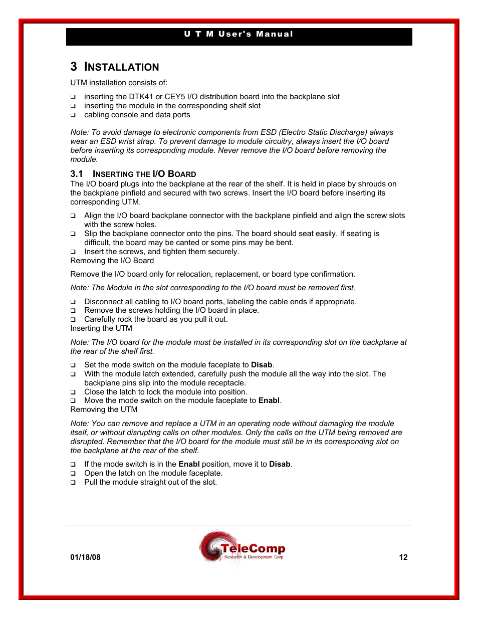 Nstallation, I/o b | Datatek UTM User Manual | Page 12 / 60