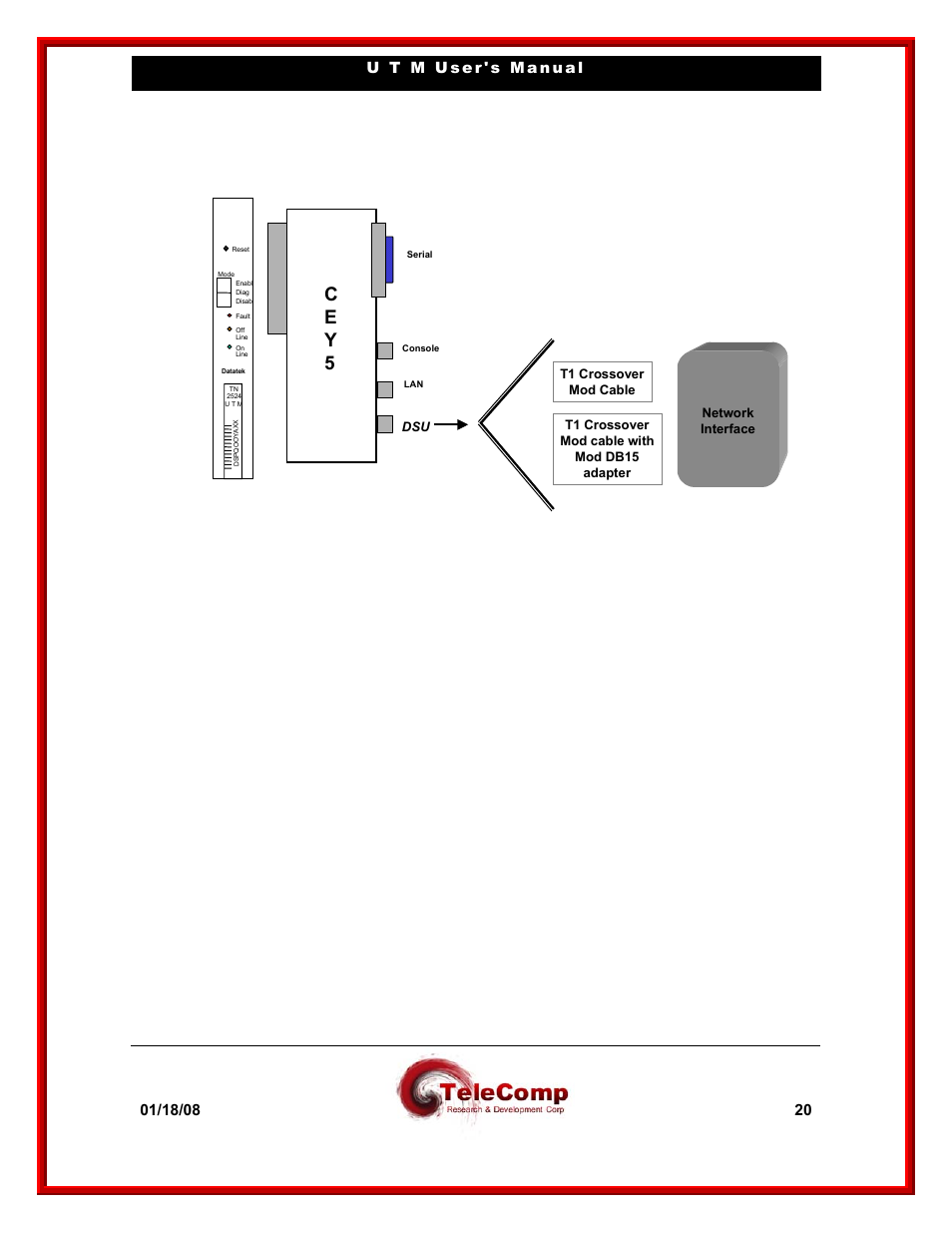 C e y 5, Network interface t1 crossover mod cable, T1 crossover mod cable with mod db15 adapter | Datatek UTM User Manual | Page 20 / 60