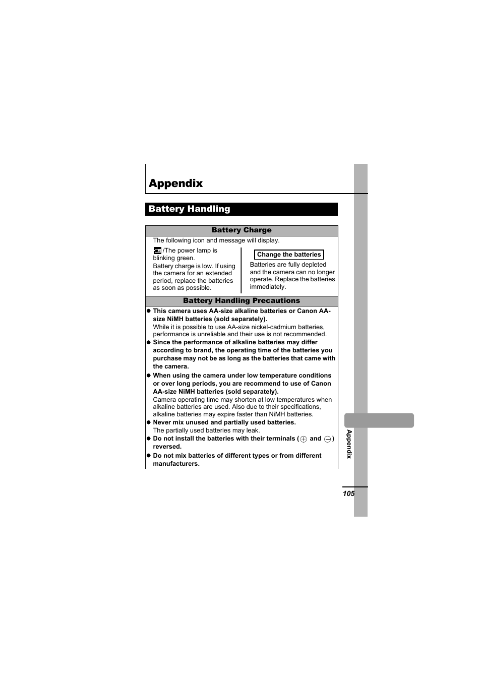 Appendix, Battery handling, P. 105 | Canon A610 User Manual | Page 107 / 139