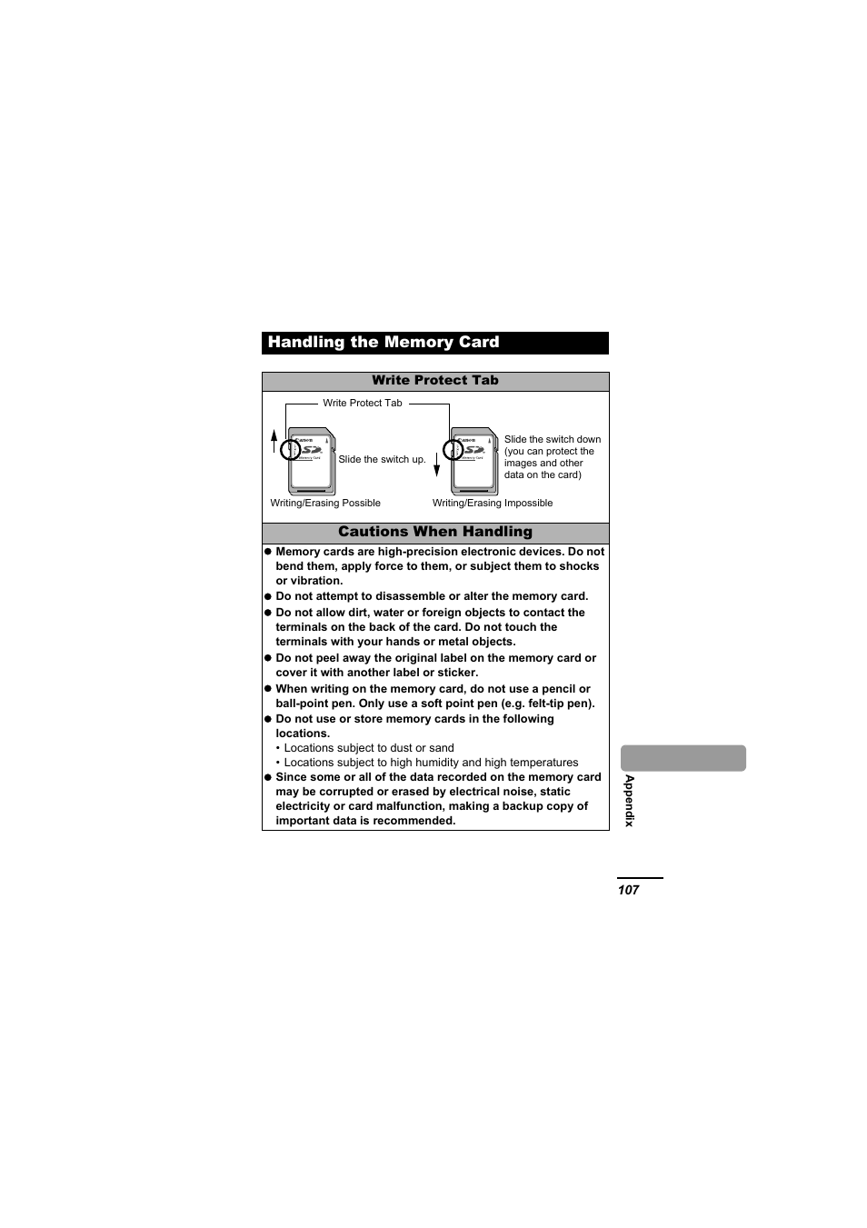 Handling the memory card, P. 107 | Canon A610 User Manual | Page 109 / 139