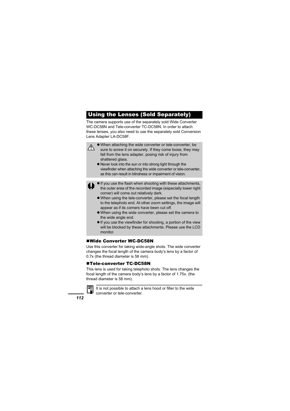 Using the lenses (sold separately) | Canon A610 User Manual | Page 114 / 139