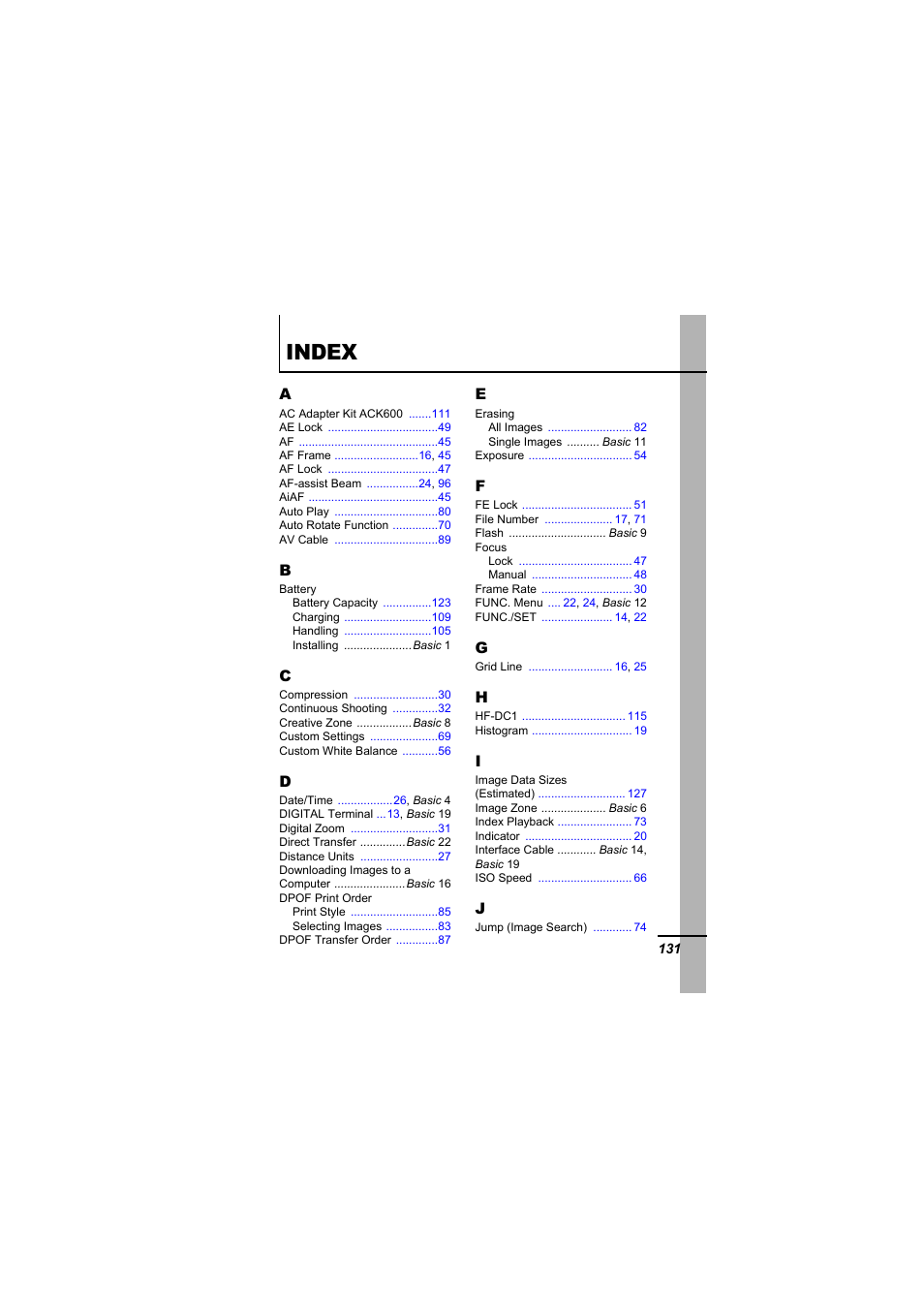 Index | Canon A610 User Manual | Page 133 / 139