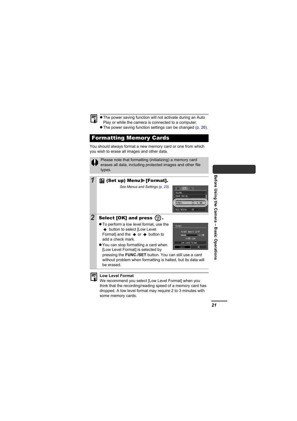 Formatting memory cards | Canon A610 User Manual | Page 23 / 139