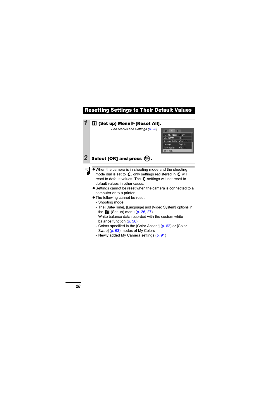 Resetting settings to their default values, P. 28 | Canon A610 User Manual | Page 30 / 139