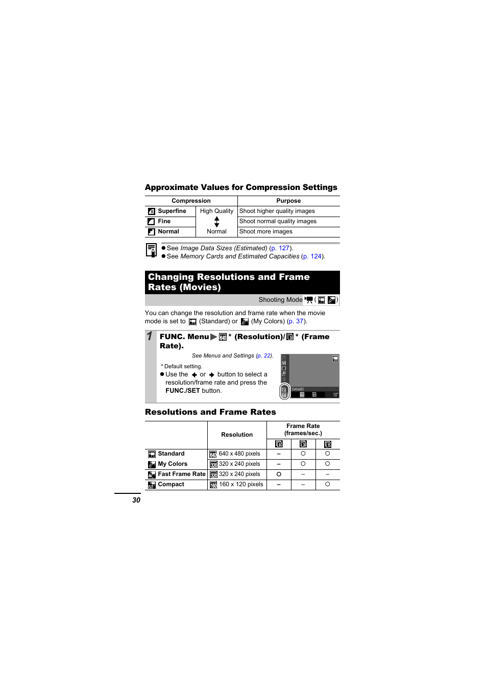Changing resolutions and frame rates (movies), P. 30 | Canon A610 User Manual | Page 32 / 139