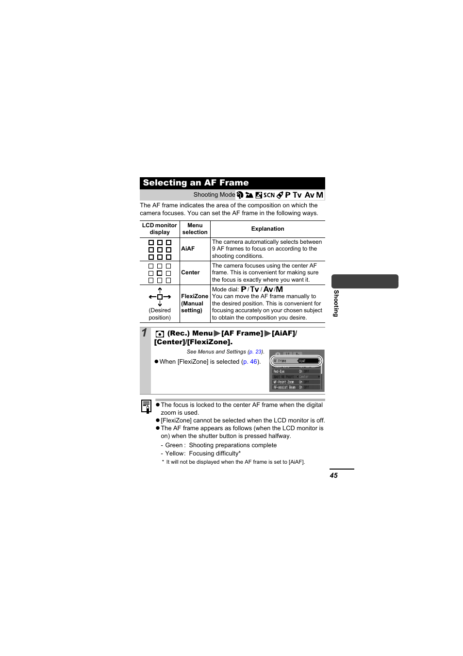 Selecting an af frame, P. 45 | Canon A610 User Manual | Page 47 / 139