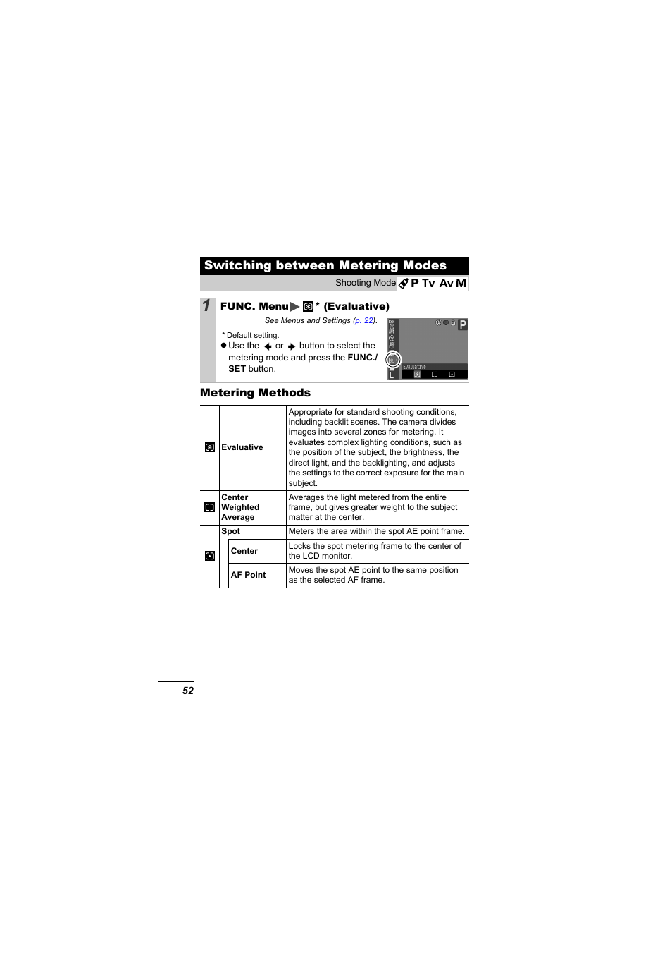 Switching between metering modes, P. 52 | Canon A610 User Manual | Page 54 / 139