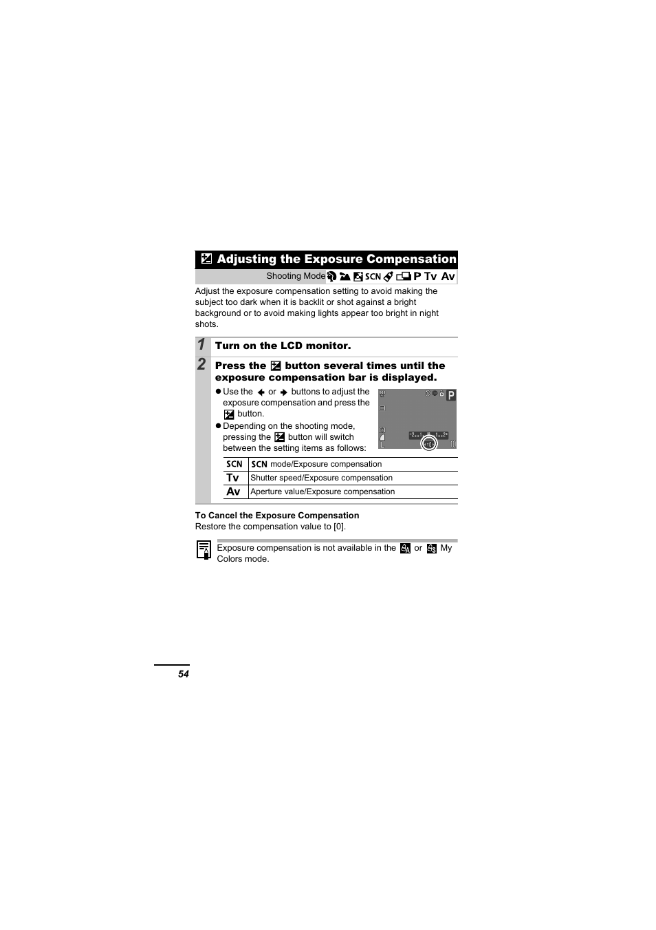 Adjusting the exposure compensation, P. 54 | Canon A610 User Manual | Page 56 / 139