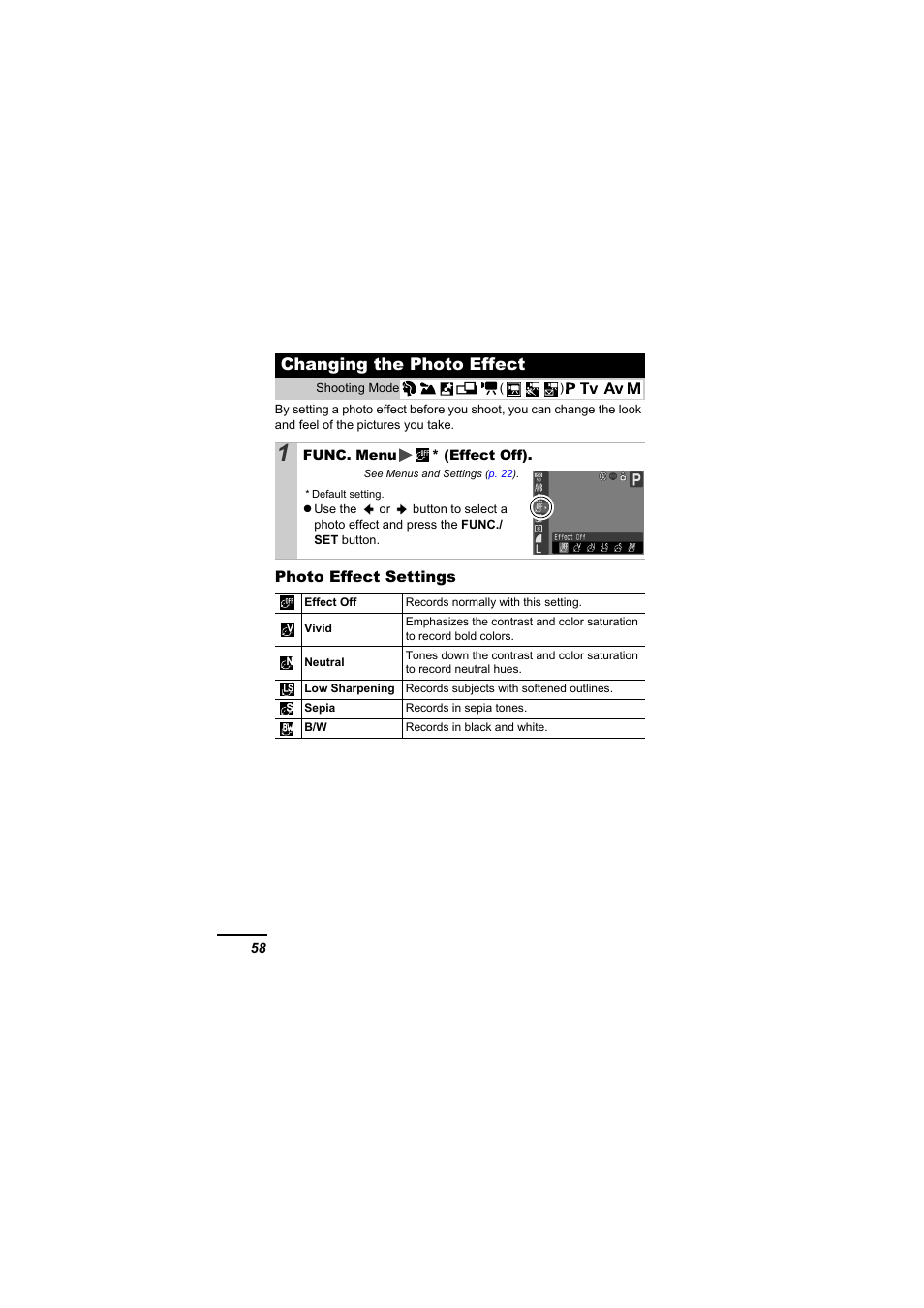 Changing the photo effect, P. 58 | Canon A610 User Manual | Page 60 / 139