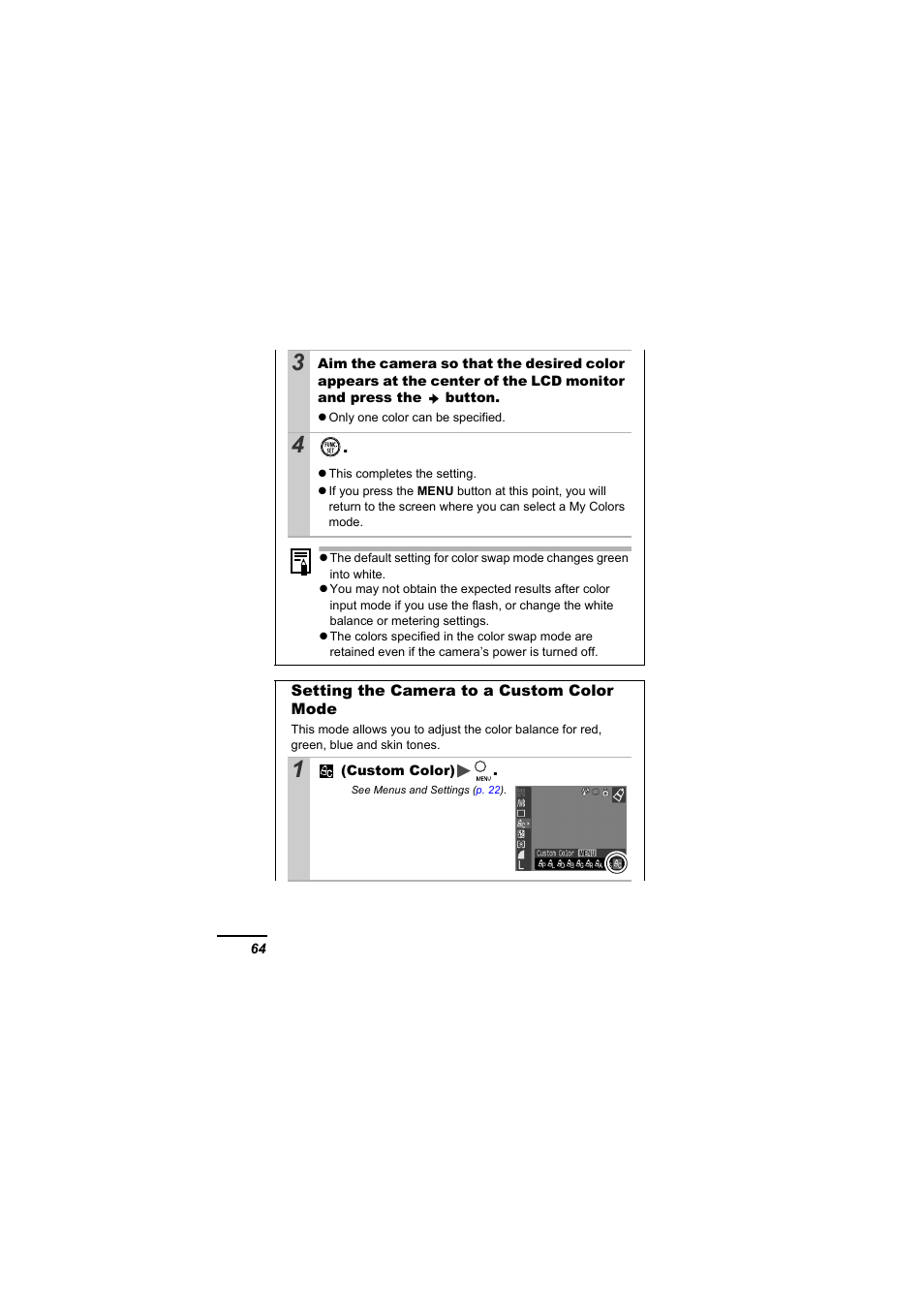 Setting the camera to a custom color mode, P. 64 | Canon A610 User Manual | Page 66 / 139