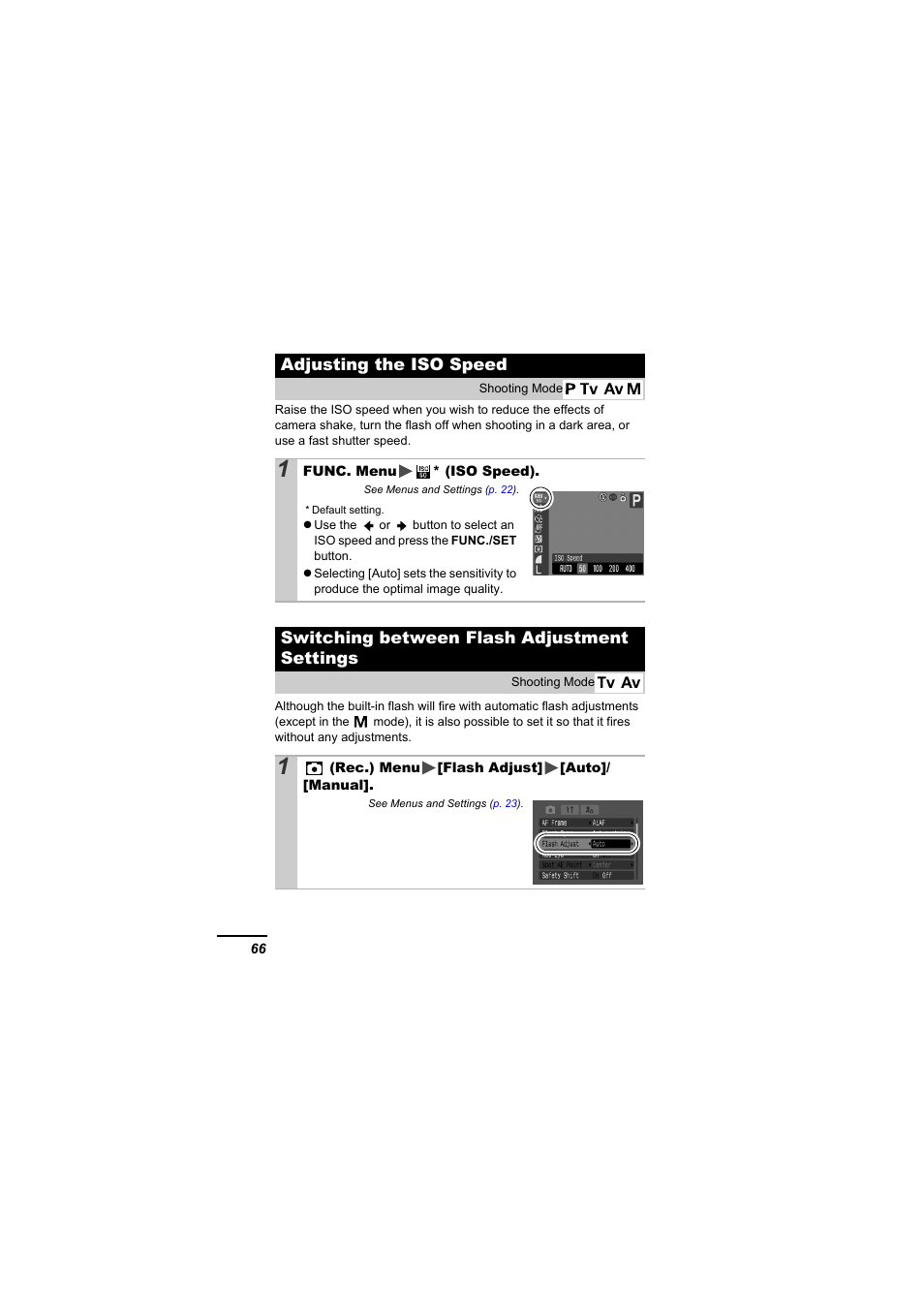Adjusting the iso speed, Switching between flash adjustment settings, P. 66 | Canon A610 User Manual | Page 68 / 139