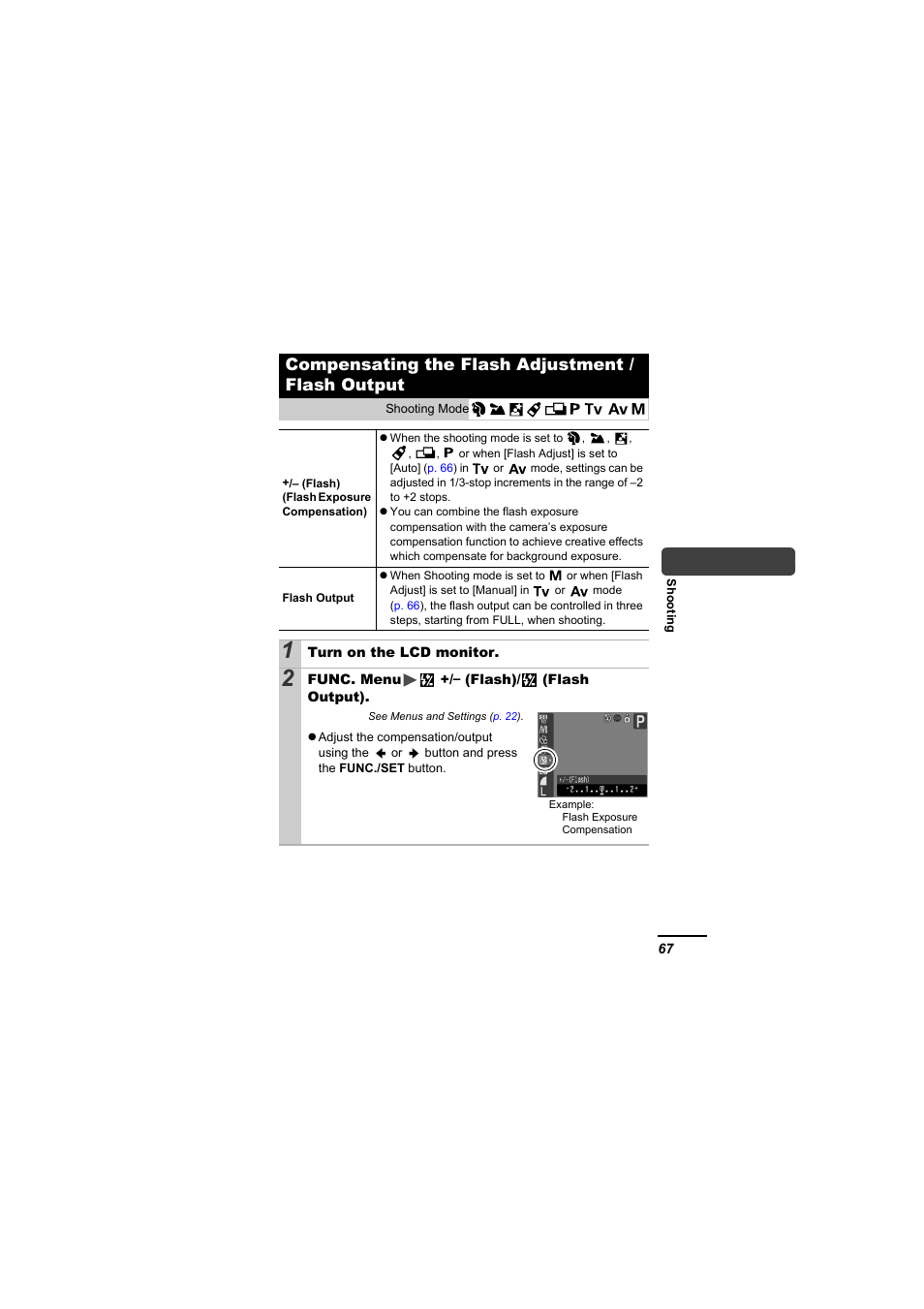 Compensating the flash adjustment / flash output, P. 67 | Canon A610 User Manual | Page 69 / 139