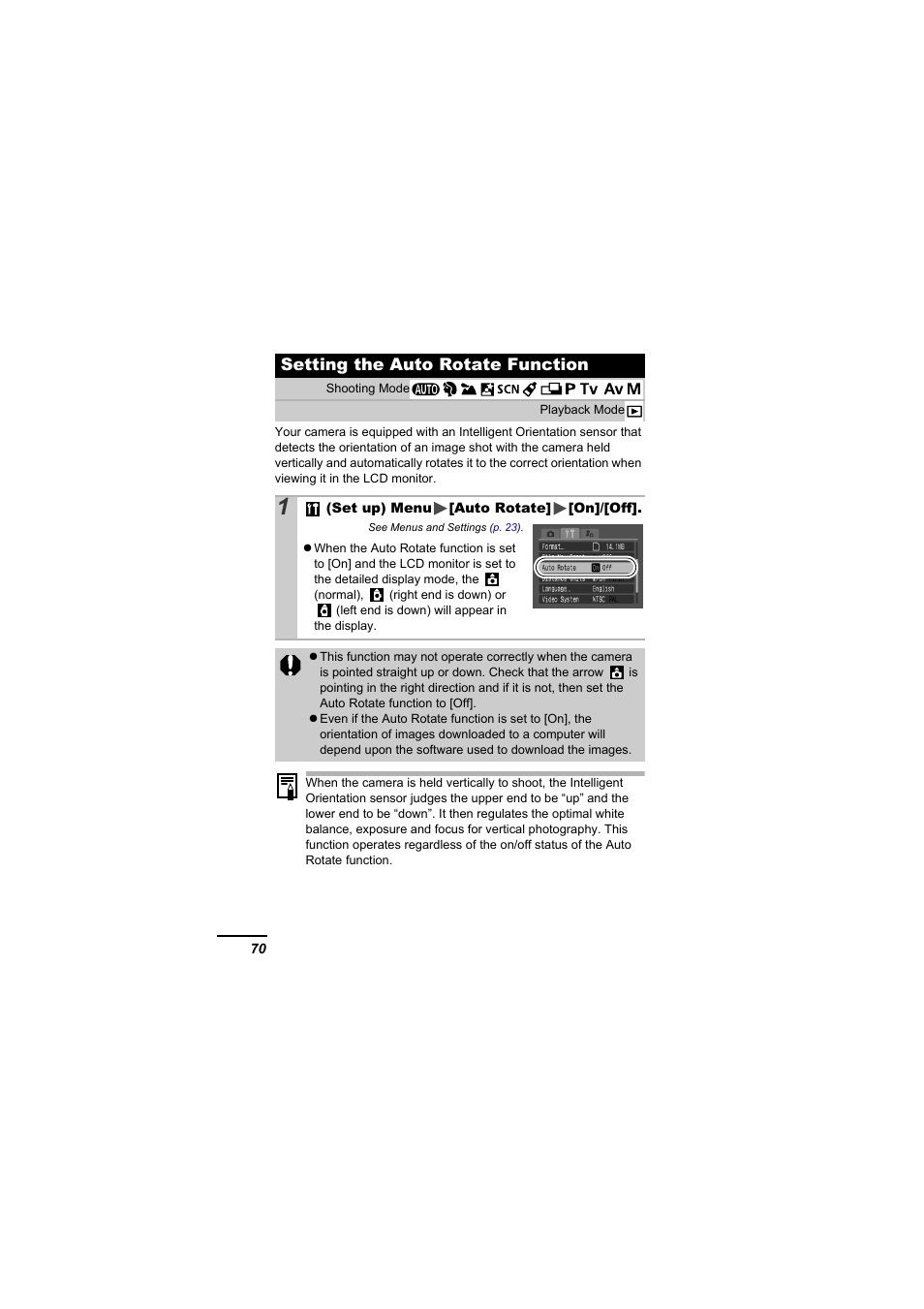 Setting the auto rotate function, P. 70 | Canon A610 User Manual | Page 72 / 139