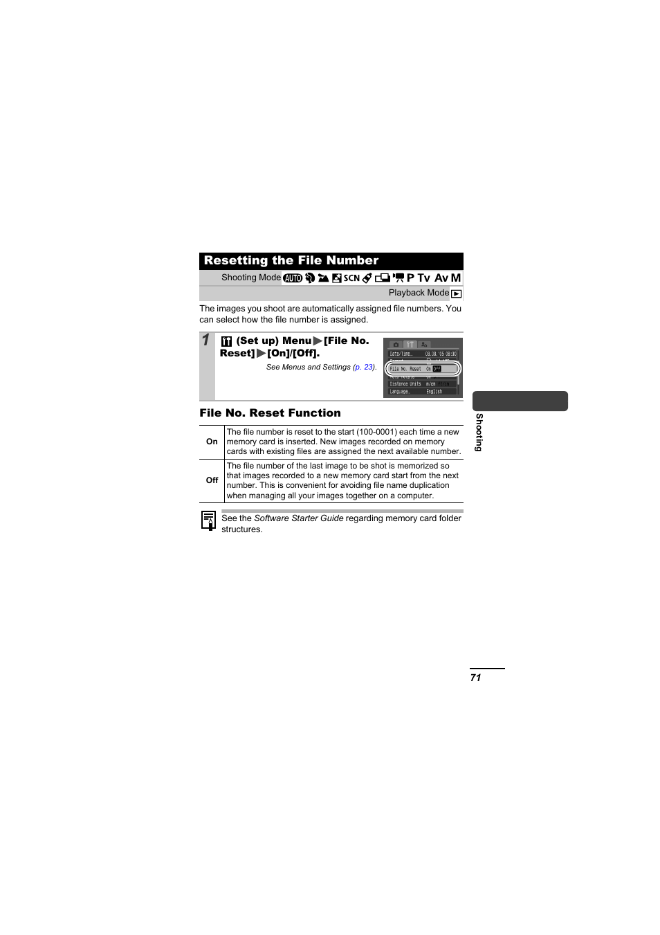 Resetting the file number, P. 71 | Canon A610 User Manual | Page 73 / 139