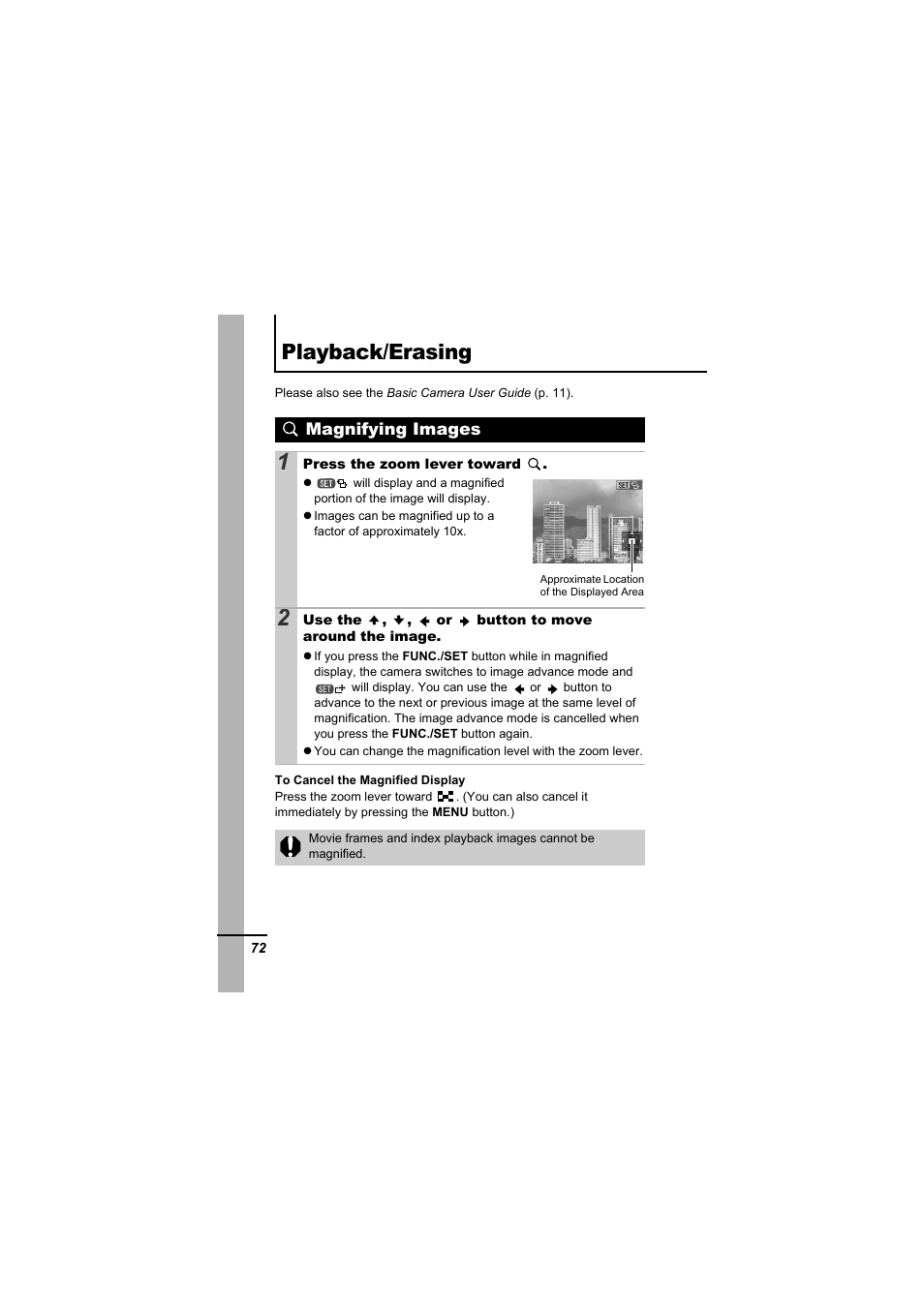 Playback/erasing, Magnifying images, P. 72 | Canon A610 User Manual | Page 74 / 139