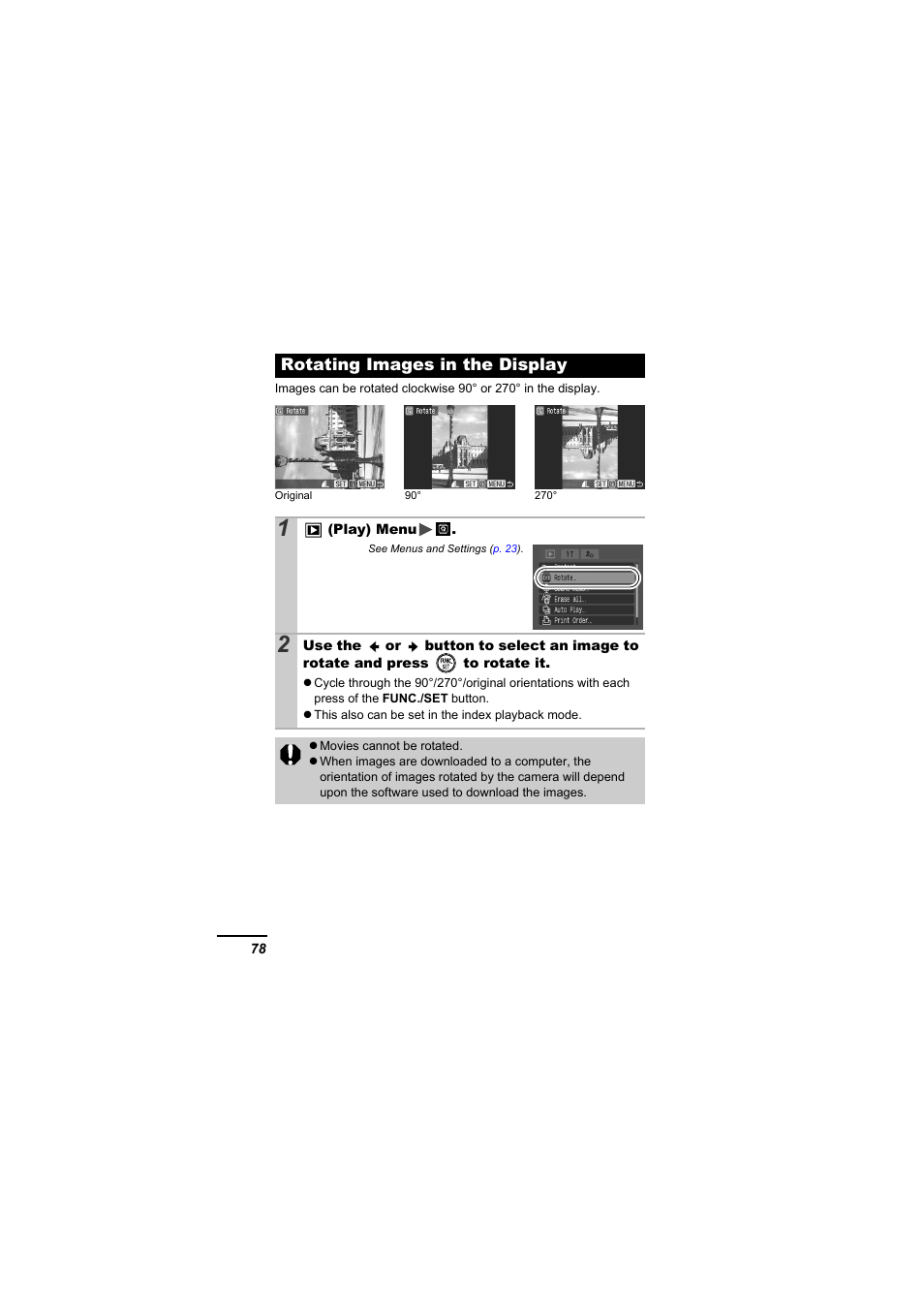 Rotating images in the display, P. 78 | Canon A610 User Manual | Page 80 / 139
