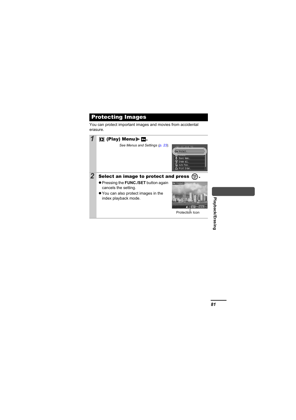 Protecting images, P. 81 | Canon A610 User Manual | Page 83 / 139