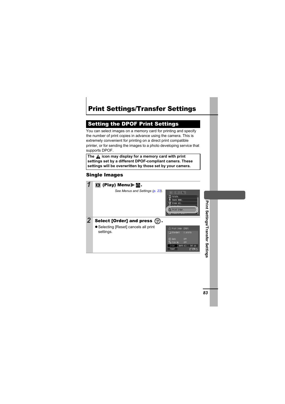 Print settings/transfer settings, Setting the dpof print settings, P. 83 | Canon A610 User Manual | Page 85 / 139