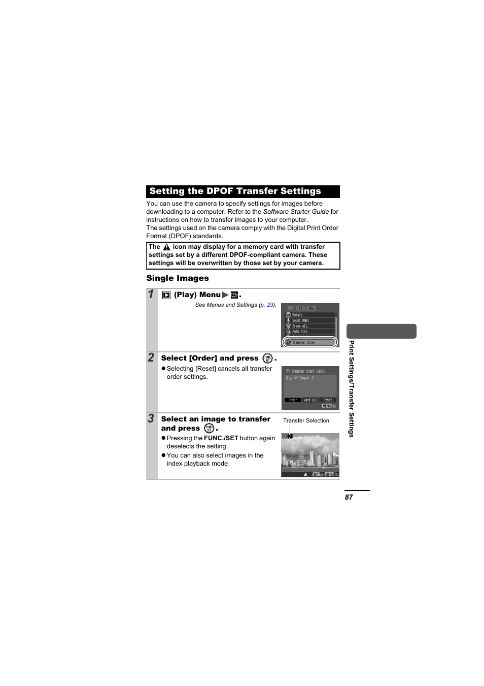 Setting the dpof transfer settings, P. 87 | Canon A610 User Manual | Page 89 / 139