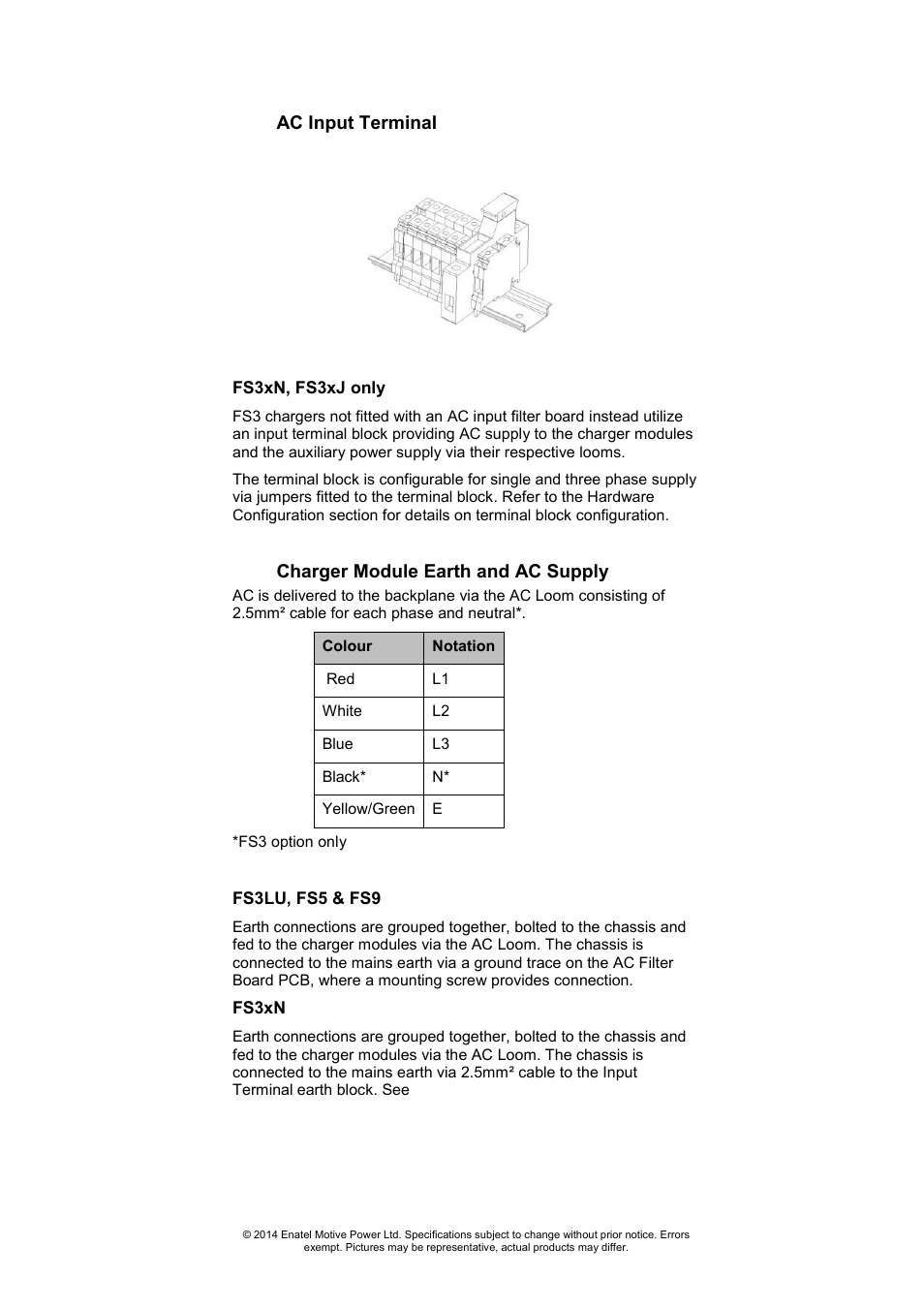 Ac input terminal, Fs3xn, fs3xj only, Charger module earth and ac supply | Fs3lu, fs5 & fs9, Fs3xn | DC Power Technologies FS3 Version 3 - Technical Hardware Manual User Manual | Page 12 / 60