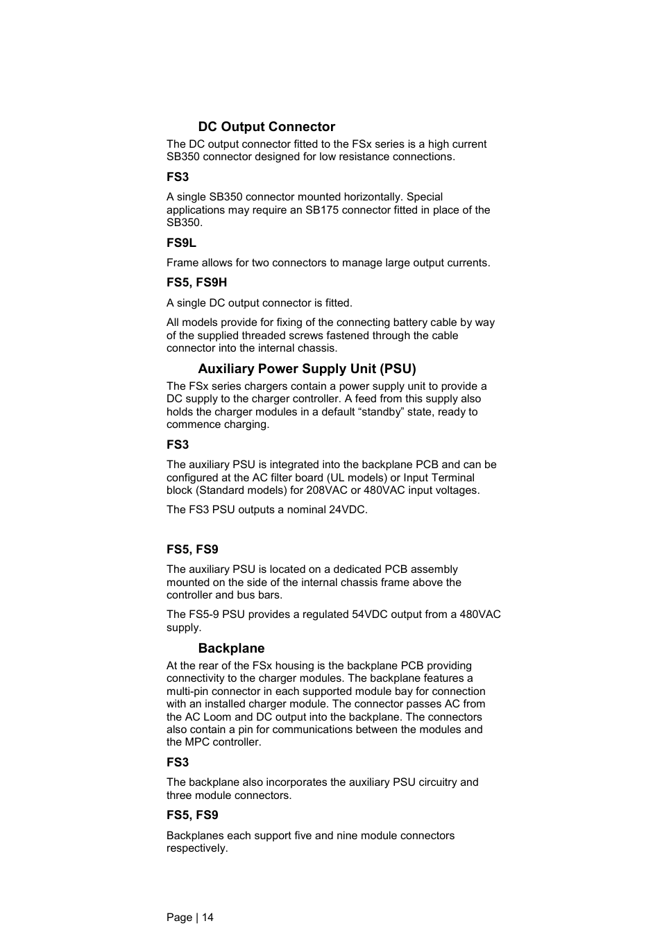 Dc output connector, Fs9l, Fs5, fs9h | Auxiliary power supply unit (psu), Fs5, fs9, Backplane | DC Power Technologies FS3 Version 3 - Technical Hardware Manual User Manual | Page 15 / 60