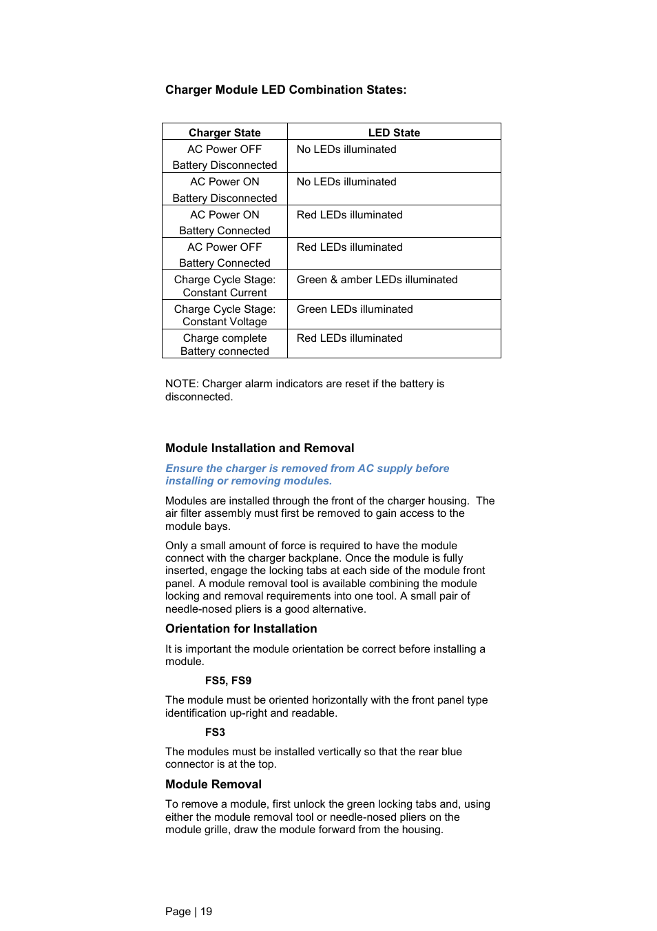 Charger module led combination states, Module installation and removal, Orientation for installation | Module removal | DC Power Technologies FS3 Version 3 - Technical Hardware Manual User Manual | Page 20 / 60