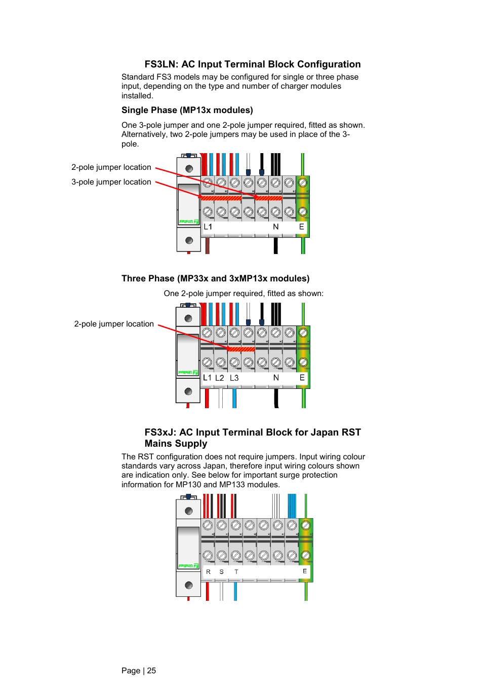 Fs3ln: ac input terminal block configuration, Single phase (mp13x modules), Three phase (mp33x and 3xmp13x modules) | DC Power Technologies FS3 Version 3 - Technical Hardware Manual User Manual | Page 26 / 60