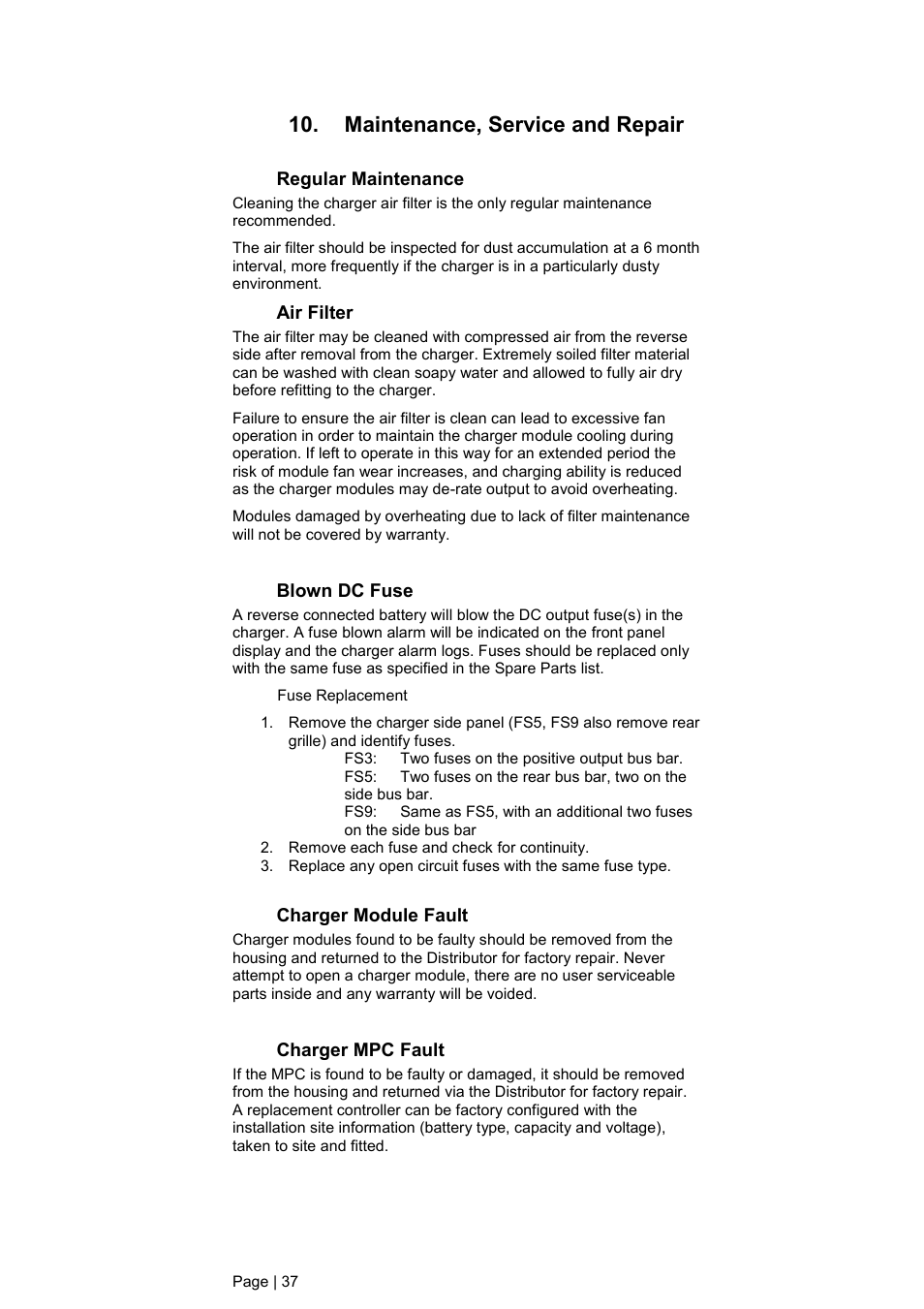 Maintenance, service and repair, Regular maintenance, Air filter | Blown dc fuse, Charger module fault, Charger mpc fault | DC Power Technologies FS3 Version 3 - Technical Hardware Manual User Manual | Page 38 / 60