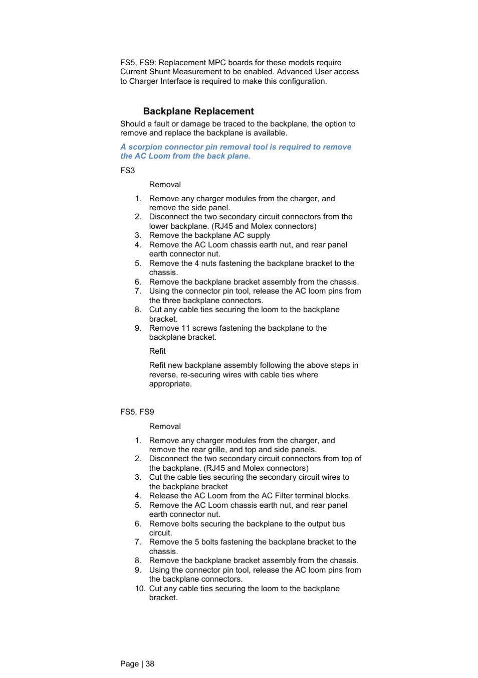 Backplane replacement | DC Power Technologies FS3 Version 3 - Technical Hardware Manual User Manual | Page 39 / 60