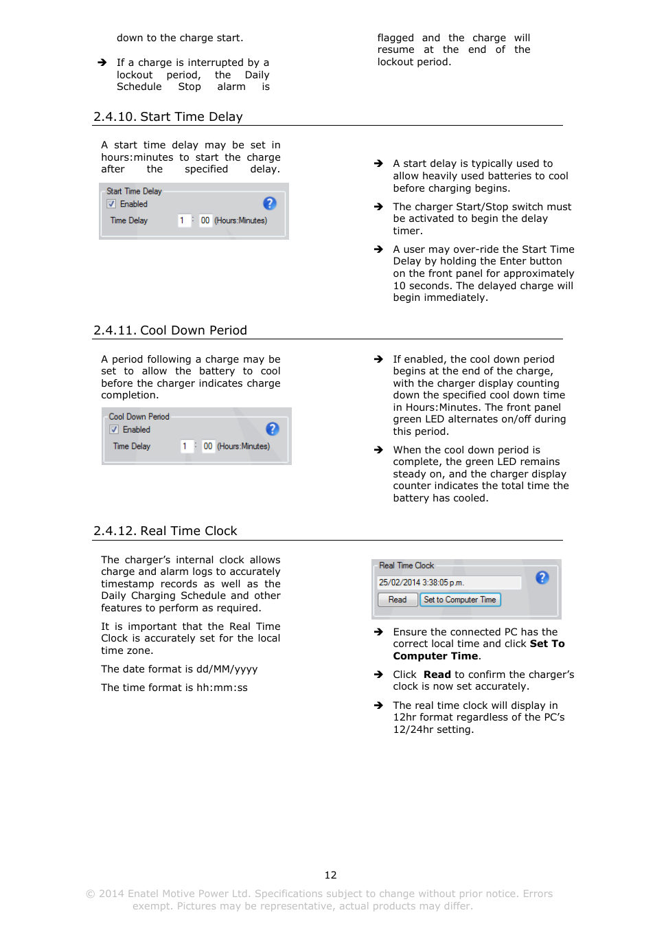 Start time delay, Cool down period, Real time clock | DC Power Technologies Charger Interface Software Manual User Manual | Page 13 / 50