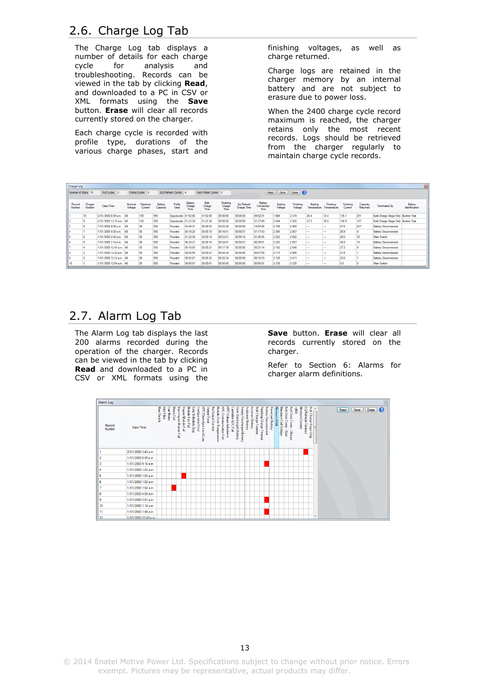 Harge, Larm, Charge log tab | Alarm log tab | DC Power Technologies Charger Interface Software Manual User Manual | Page 14 / 50