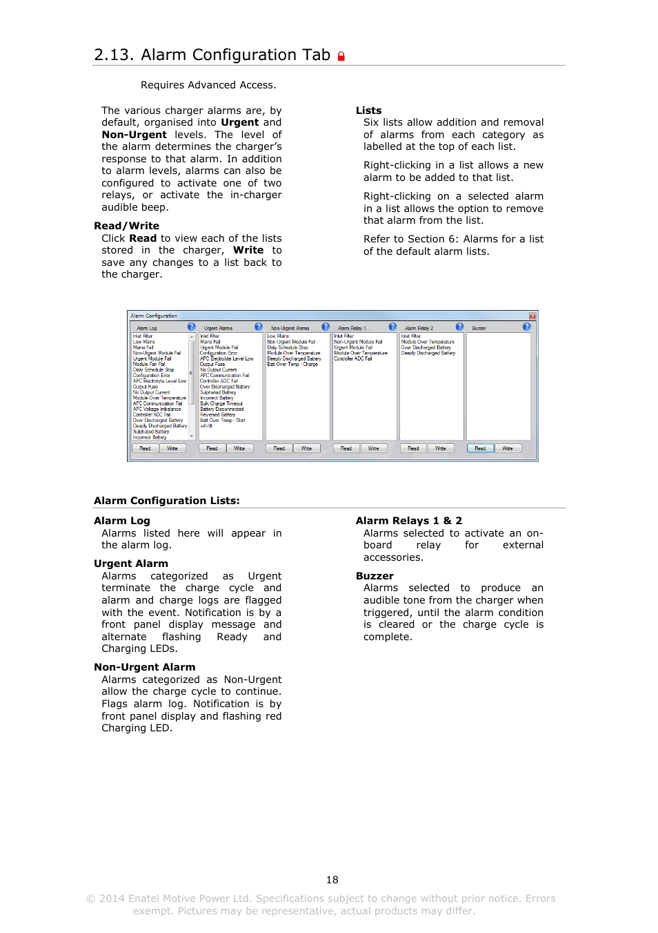 Larm, Onfiguration, Alarm configuration tab | DC Power Technologies Charger Interface Software Manual User Manual | Page 19 / 50