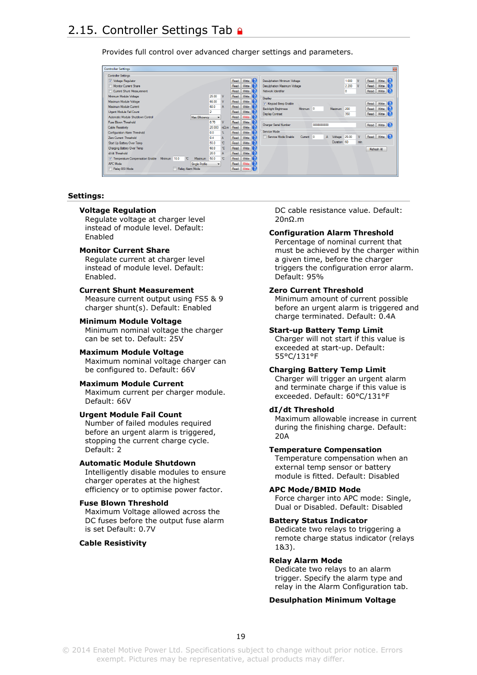 Ontroller, Ettings, Controller settings tab | DC Power Technologies Charger Interface Software Manual User Manual | Page 20 / 50