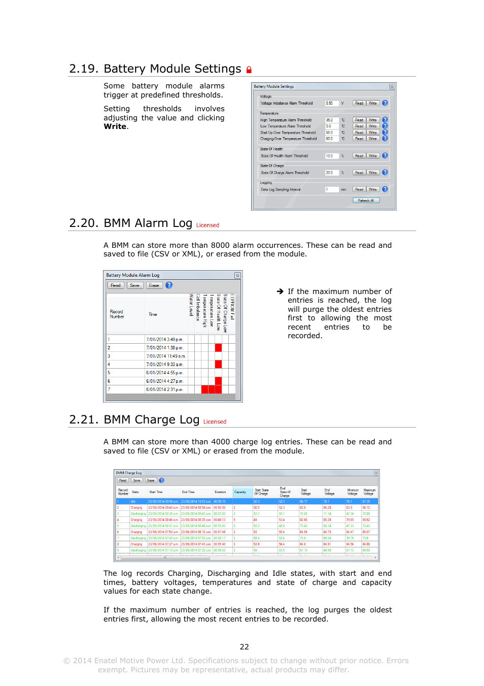 Attery, Odule, Ettings | Larm, Harge, Battery module settings, Bmm alarm log, Bmm charge log | DC Power Technologies Charger Interface Software Manual User Manual | Page 23 / 50