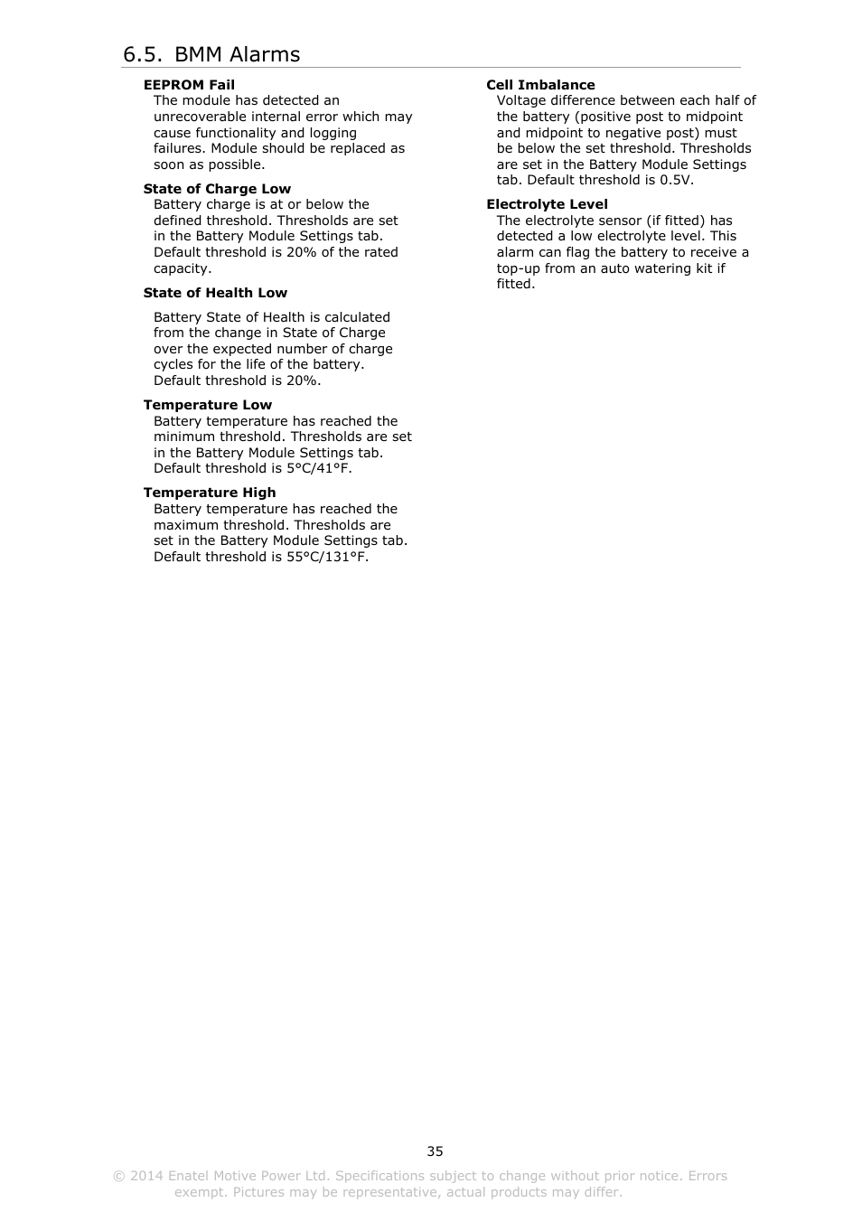 Larms, Bmm alarms | DC Power Technologies Charger Interface Software Manual User Manual | Page 36 / 50