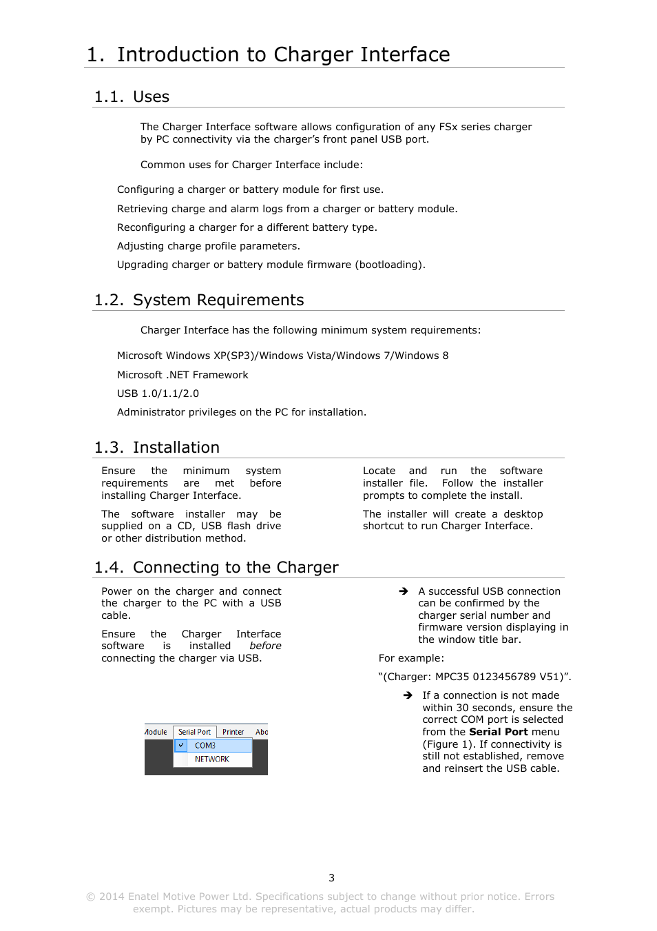 Introduction to charger interface, Ystem, Equirements | Nstallation, Onnecting to the, Harger, Uses, System requirements, Installation, Connecting to the charger | DC Power Technologies Charger Interface Software Manual User Manual | Page 4 / 50