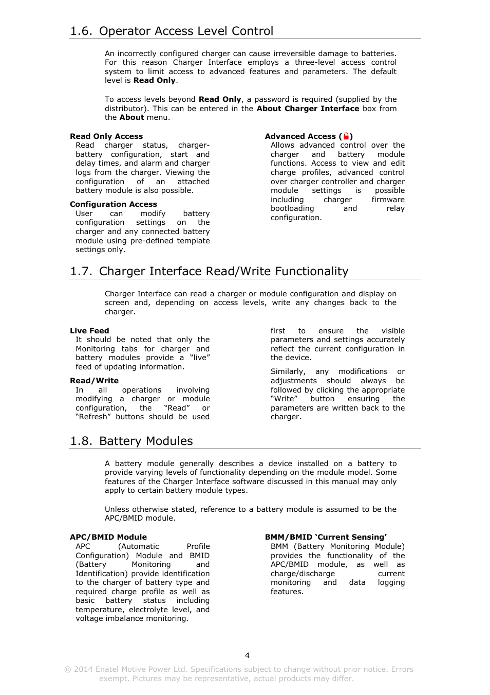 Perator, Ccess, Evel | Ontrol, Harger, Nterface, Rite, Unctionality, Attery, Odules | DC Power Technologies Charger Interface Software Manual User Manual | Page 5 / 50