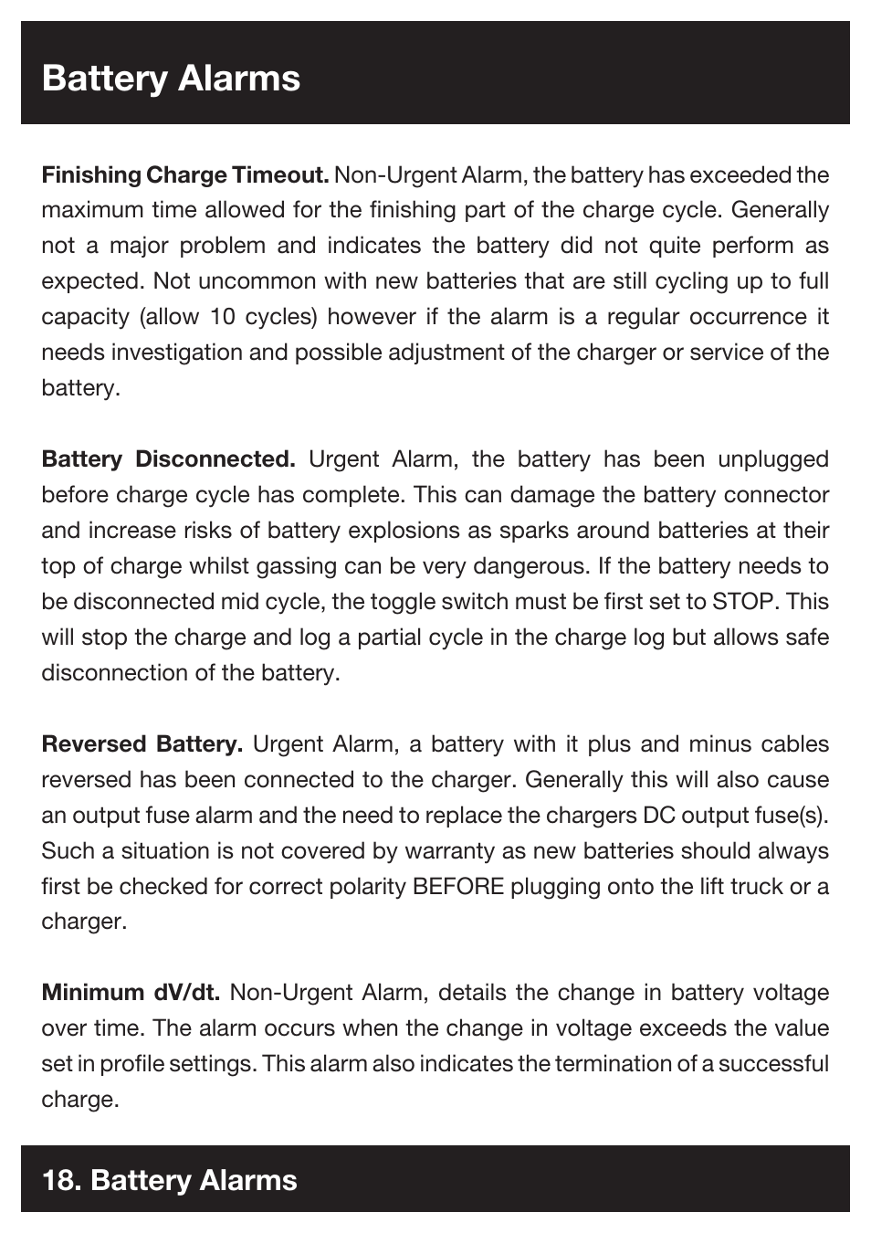 Battery alarms | DC Power Technologies FS3 - Owners Manual User Manual | Page 18 / 29