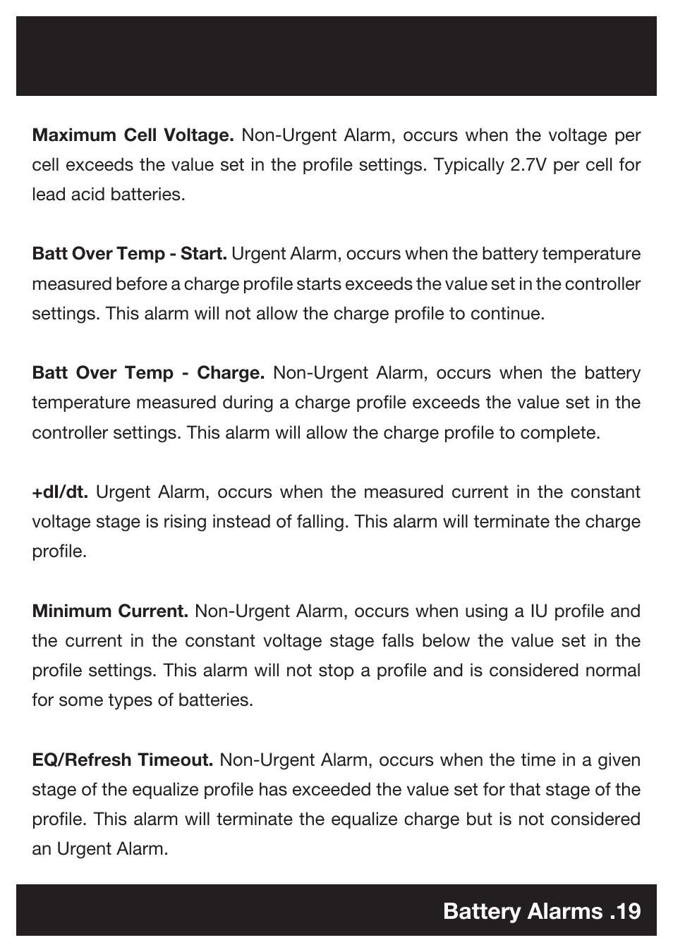 Battery alarms .19 | DC Power Technologies FS3 - Owners Manual User Manual | Page 19 / 29