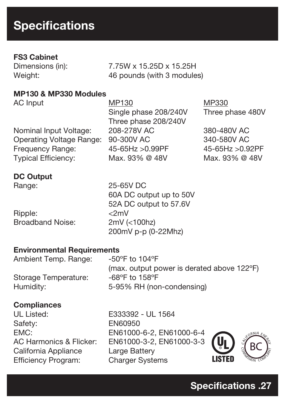 Specifications, Specifications .27 | DC Power Technologies FS3 - Owners Manual User Manual | Page 28 / 29